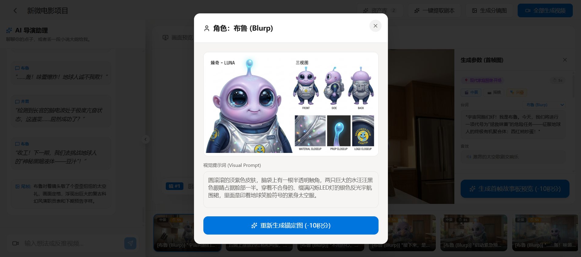 资产库 · 角色一致性锚定管理(三视图 FRONT/SIDE/BACK + 材质与道具特写,杜绝多分镜换脸)