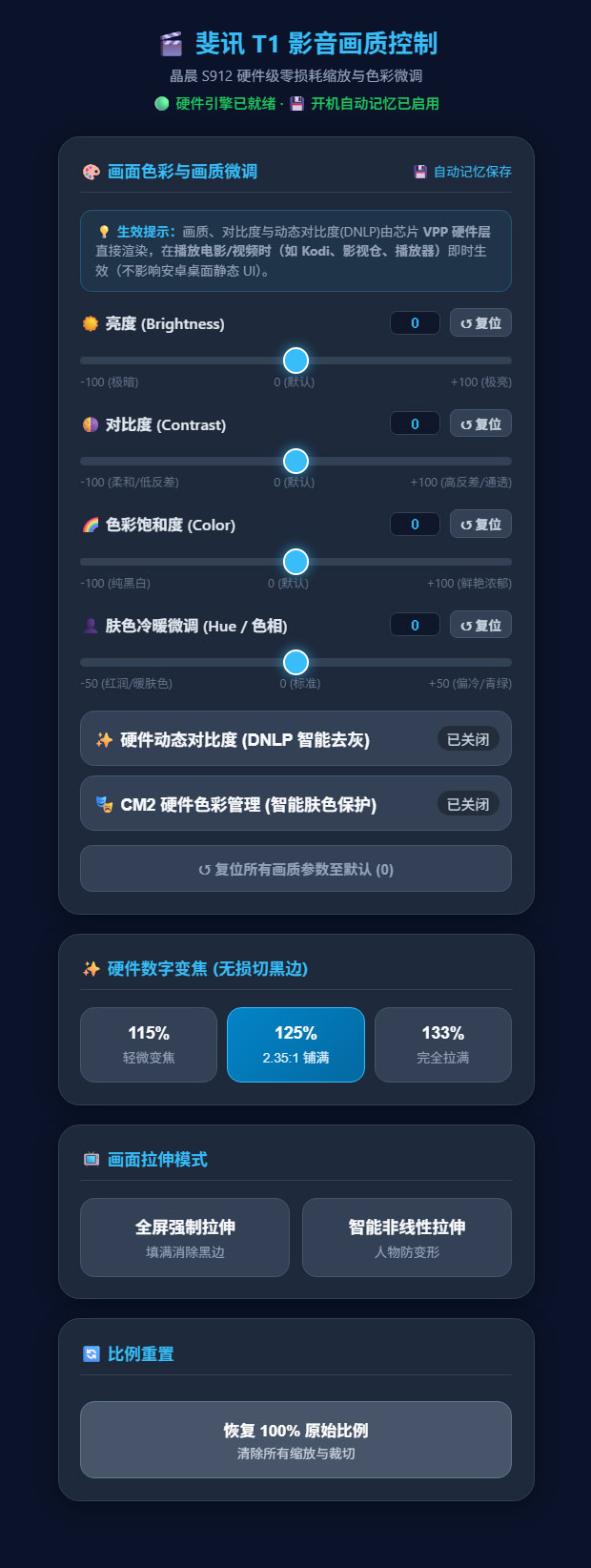 实机截图:斐讯 T1 影音与画质控制 Web 控制台(手机端浏览器访问 192.168.x.x:8989 实时交互界面)